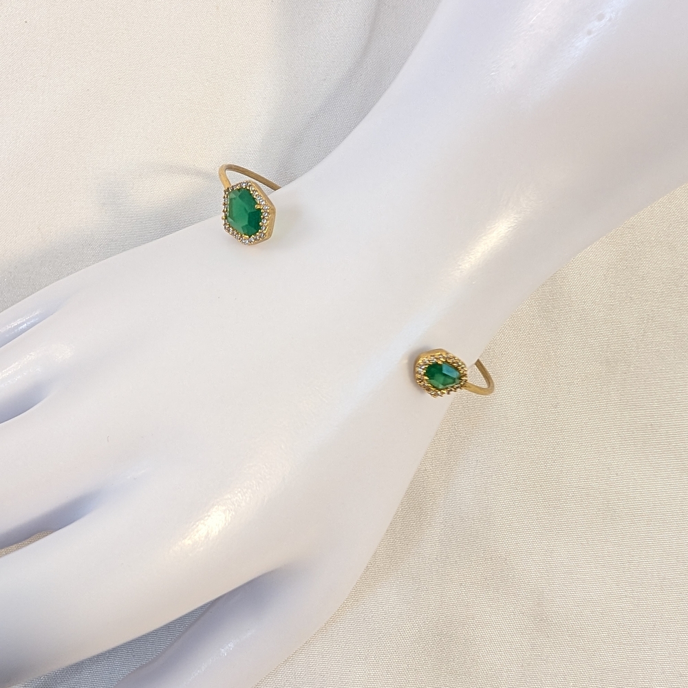 TAI Hex Green Stone Gold Tone Open Bracelet